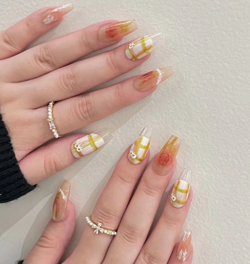 Autumn Elegance Long Coffin Beige Plaid with Floral Accents Press On Nail Set