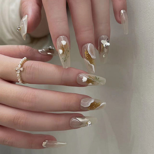 Enchanted Garden Long Coffin Beige Press On Nails with Floral Accents and Rhinestone Embellishments