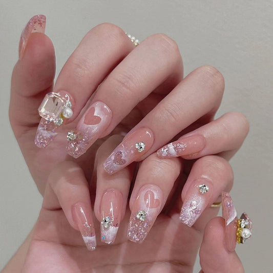 Enchanted Elegance Long Coffin Pink Glittered Press-On Nails with Embedded Gem Accents