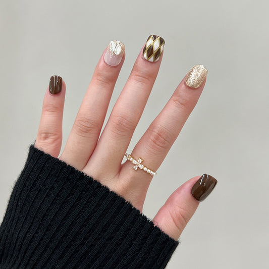 Elegant Affair Short Square Brown and Gold Mixed Design Press On Nail Set with Accent Glitter and Geometric Patterns