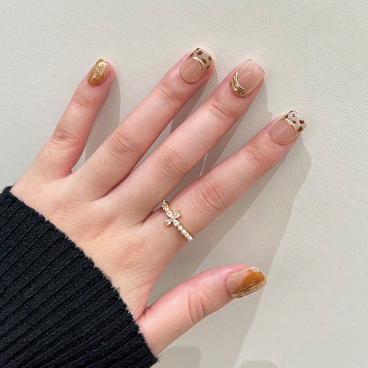 Glamorous Gold Leaf Short Square Beige Press On Nail Set with Accents of Metallic Flair