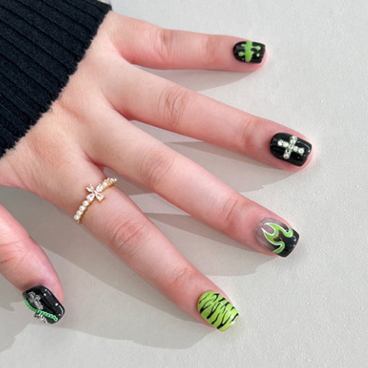 Cyberpunk Short Square Black & Neon Green Press On Nail Set with Circuit Board Accents