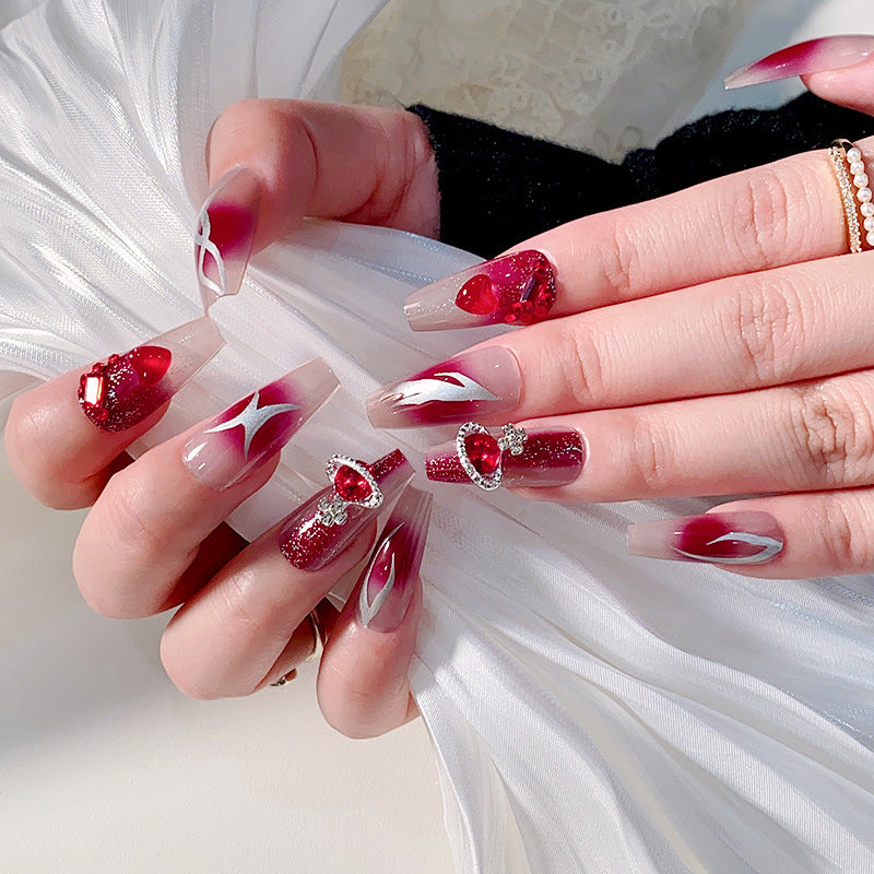 Valentine's Elegance Long Coffin Red and White Press On Nail Set with Rhinestone Accents