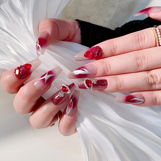 Valentine's Elegance Long Coffin Red and White Press On Nail Set with Rhinestone Accents