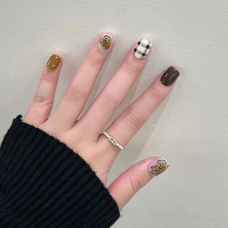 Autumn Elegance Short Length Square Multicolor Press On Nail Set with Plaid and Bear Accents