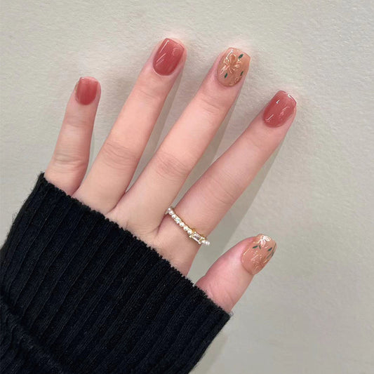 Elegant Autumn Medium-Length Square Peach Press On Nail Set with Gold Foil Accents
