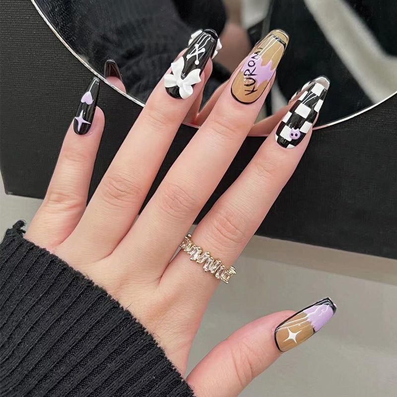 Fashion-Forward Urban Chic Long Coffin Black and White Press On Nail Set with Graphic Artwork Design