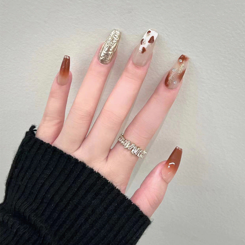 Baroque Elegance Long Coffin Brown Press On Nail Set with 3D Embellishments and Glitter Accents