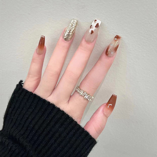 Baroque Elegance Long Coffin Brown Press On Nail Set with 3D Embellishments and Glitter Accents