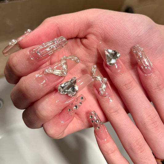 Glamour Gala Extra-Long Coffin Clear Press On Nail Set with Glitter Accents and Rhinestone Embellishments