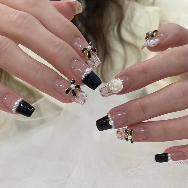 Elegant Evening Long Square Black and Pink Press On Nail Set with Rhinestone Embellishments and 3D Flower Accents