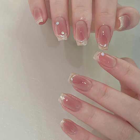 Elegant Bridal Collection Medium Square Beige Press On Nail Set with Rhinestone Accents