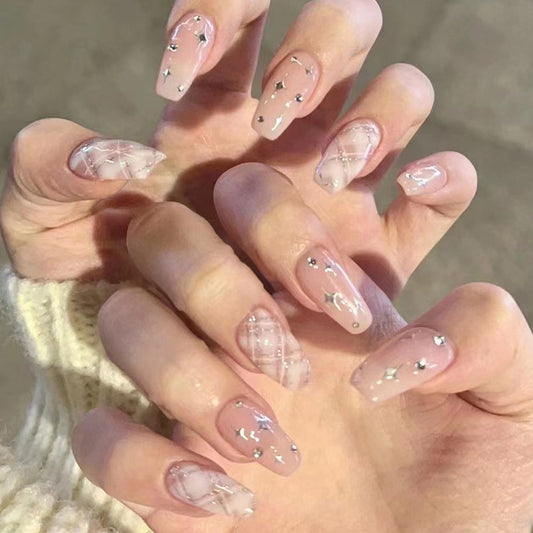 Elegant Stardust Collection Long Coffin Beige Press On Nails with Sparkling Rhinestone Accents