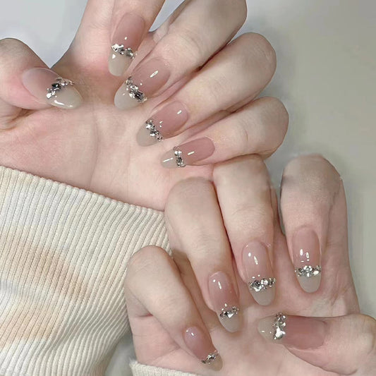Elegant Bridal Collection Long Oval Beige Press On Nail Set with Rhinestone Accents