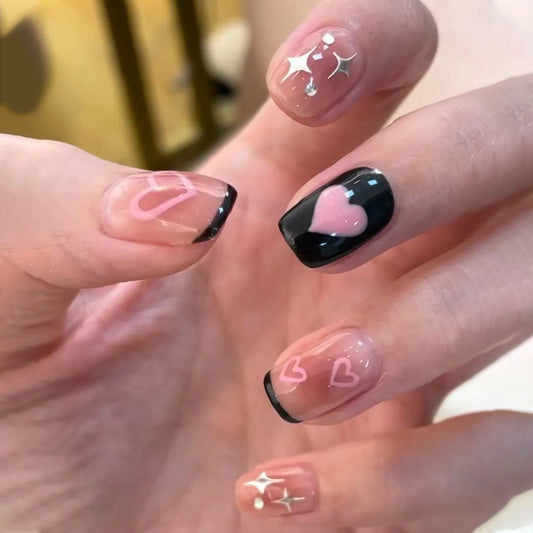 Romantic Affair Medium-Length Square Pink and Black Press On Nail Set with Glossy Hearts and Stars Design