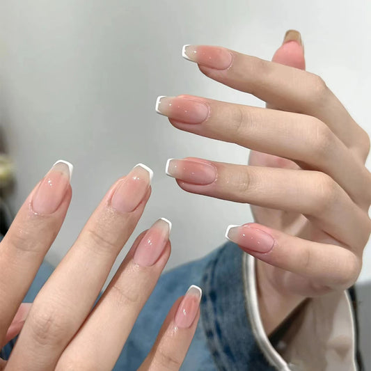 Elegant Bridal Long Coffin Pink and White French Tip Glitter Accent Press On Nail Set