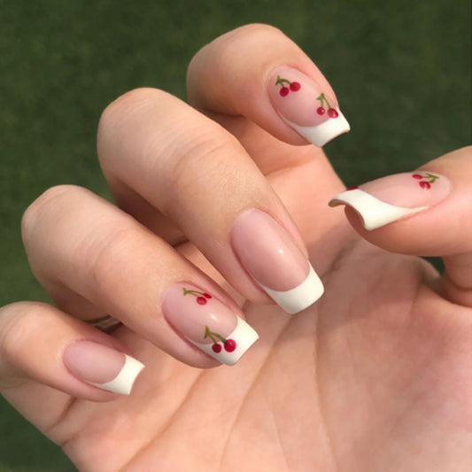 Cherry Blossom Festival Long Square Tip French Manicure Press On Nails with Red Cherry Accents White and Pink Shades