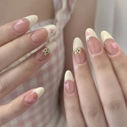 Sweetheart Chic Long Almond Pink and Cream Press On Nail Set with Adorable Heart Accents