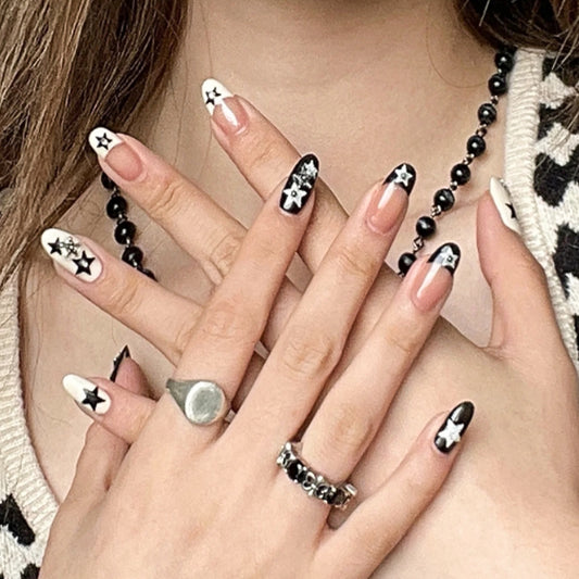 Gothic Glamour Extra Long Oval Black and White Press On Nail Set with Star Accents