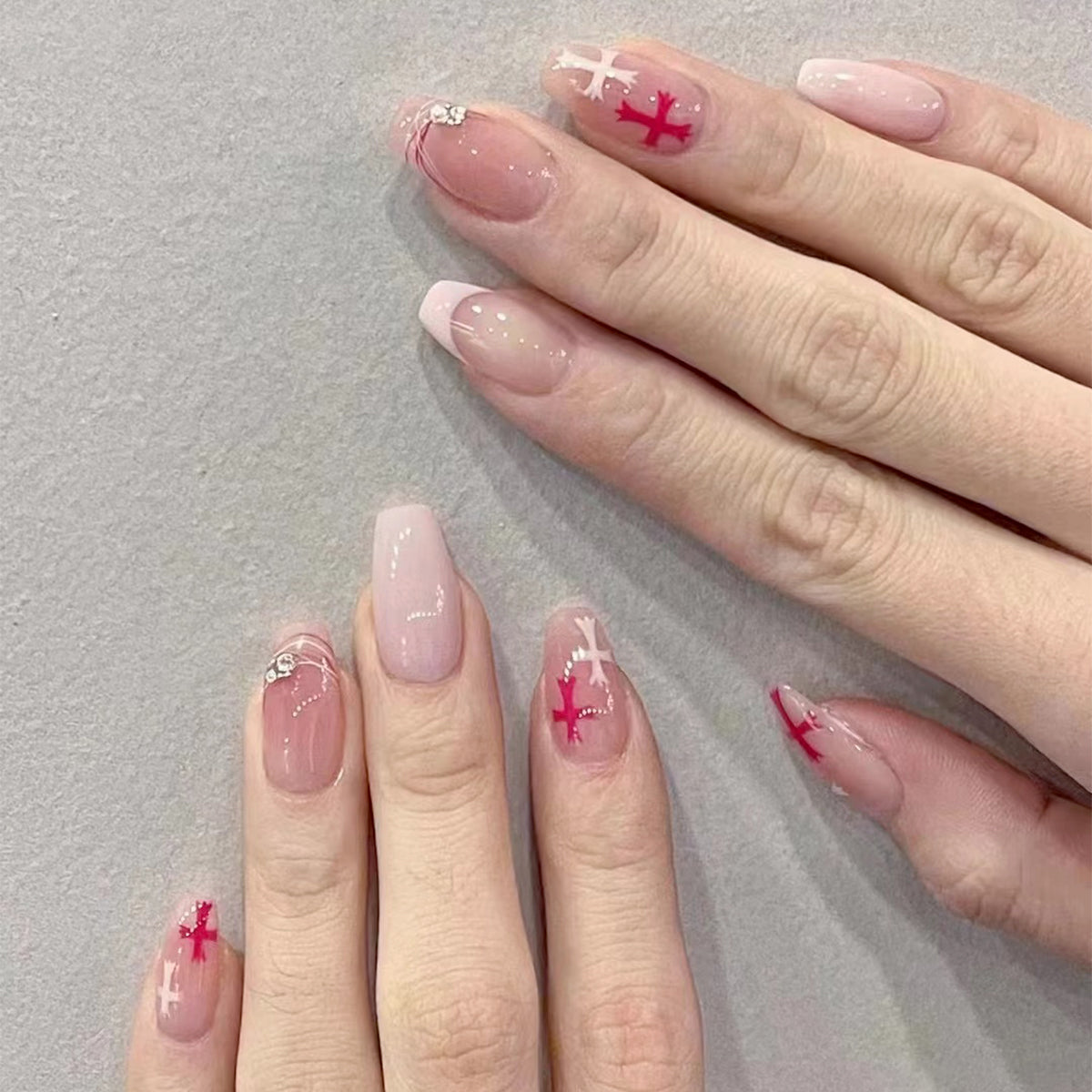 Elegant Airplane-Themed Long Coffin Pink Press on Nail Set with Rhinestone Accents