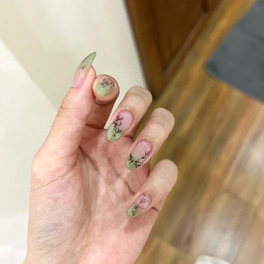 Enchanted Garden Long Coffin Pastel Pink and Green Botanical Accent Press On Nail Set