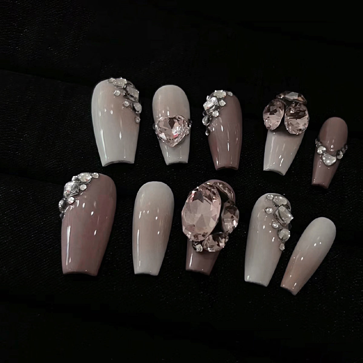 Elegant Soiree Long Coffin Mauve Press On Nails with Rhinestone Accents