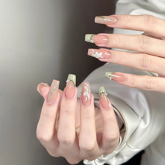 Botanical Bliss Long Coffin Pink and Green Ombre Press on Nails with Rhinestone Accents and Floral Art