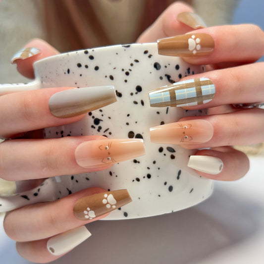 Autumn Elegance Long Coffin Brown and beige Press On Nails with Accent Metallic Stripes and Floral Art