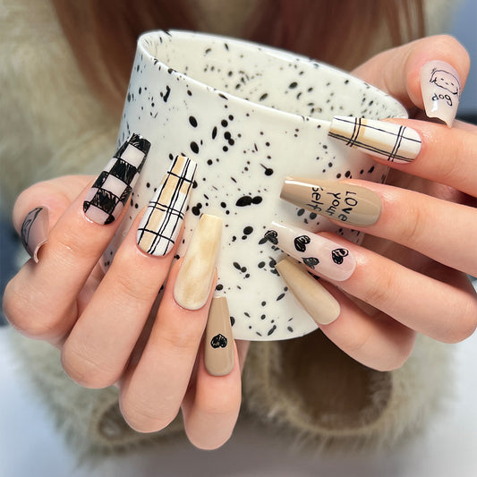 Cosmopolitan Chic Extra Long Coffin Beige Press On Nail Set with Unique Typography and Patterns