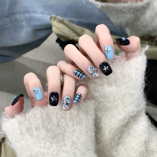 Midnight Celestial Magic Medium Square Press-On Nail Set, Black and Sky Blue with Silver Accents and Stars Design