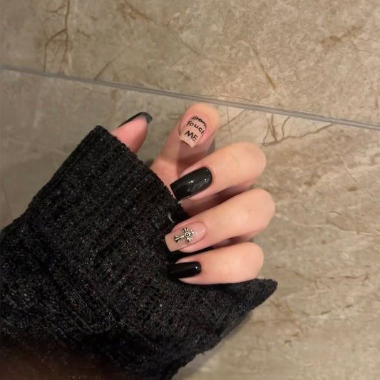 Gothic Glamour Long-Length Square Black and beige Press On Nail Set with Constellation Accents