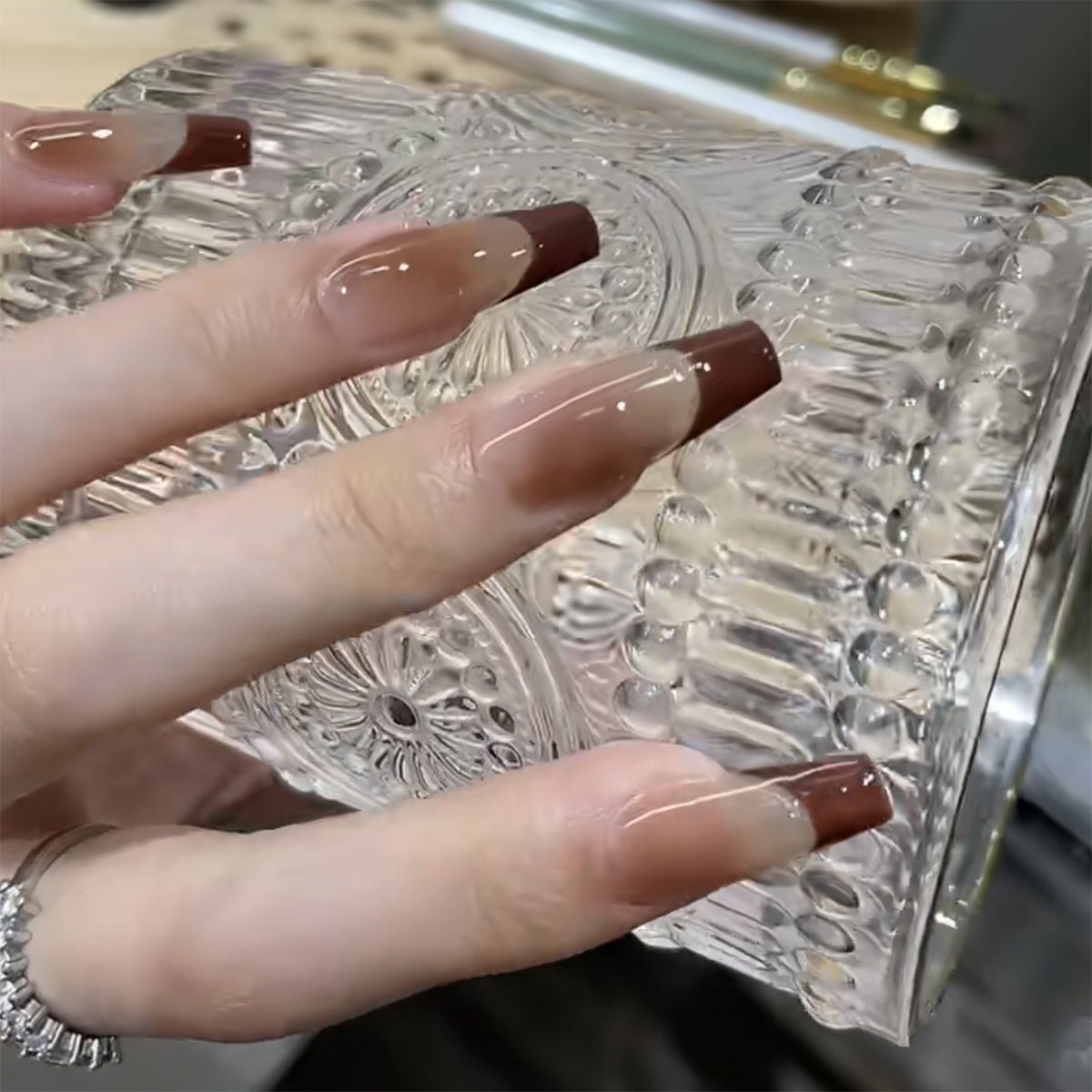 Elegant Evening Long Coffin Maroon and Beige Ombre Press On Nail Set with Gloss Finish