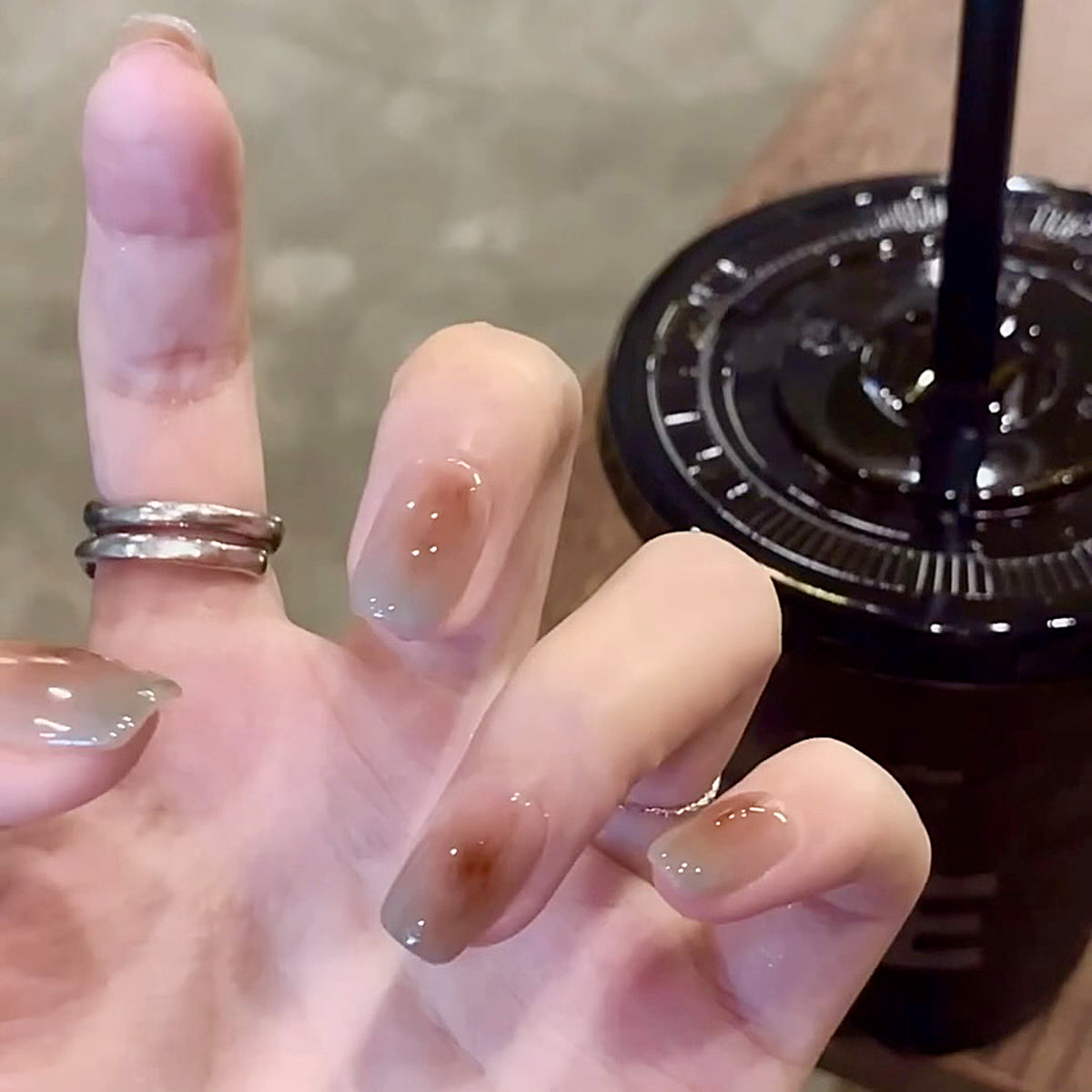 Elegant Cafe Mocha Medium Square Press On Nail Set with Glossy Finish and Glitter Accents