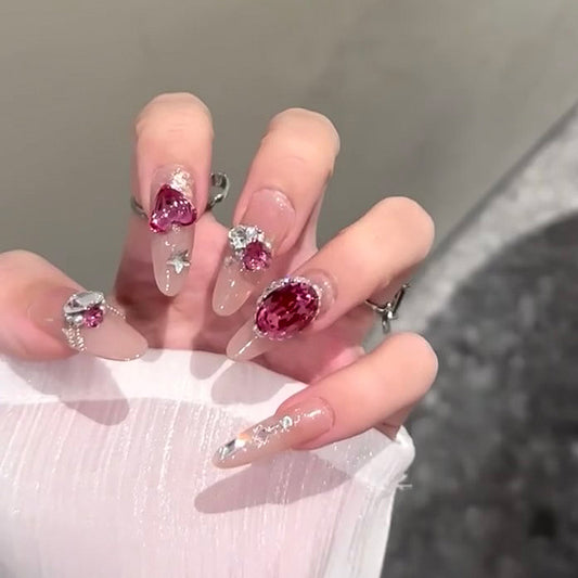Glamorous Gala Long Almond Pink Press On Nail Set with Gemstone Embellishments