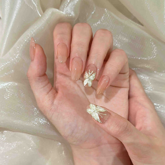 Elegant Butterfly Charm Long Almond Beige Press On Nails with Gold Accents