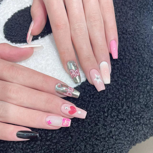 Glamour Girl Long Coffin Pink and Silver Press On Nail Set with Rhinestone Accents and Playful Icons