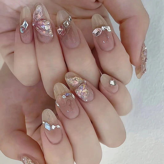 Elegant Affair Long Almond Beige Glitter Accented Press On Nail Set