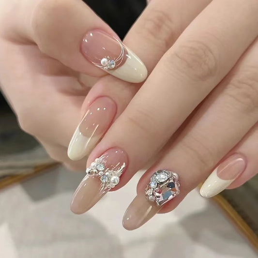 Elegant Bridal Almond-Shaped Long Pink Ombr‚àö¬© Press On Nails with Rhinestone Accents