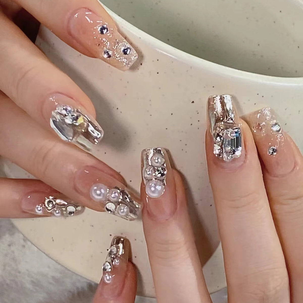 Enchanted Elegance Long Coffin Beige Glittering Rhinestone Press On Nail Set