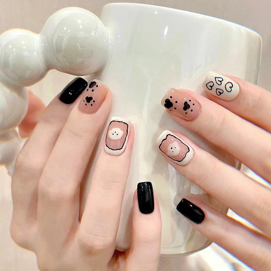 Chic Cartoon Bear Medium Square beige and Black Press On Nail Set with Playful Animal Accents