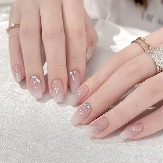 Bridal Bliss Long Length Coffin Shape Sheer Pink Press on Nails with Delicate Rhinestone Accents