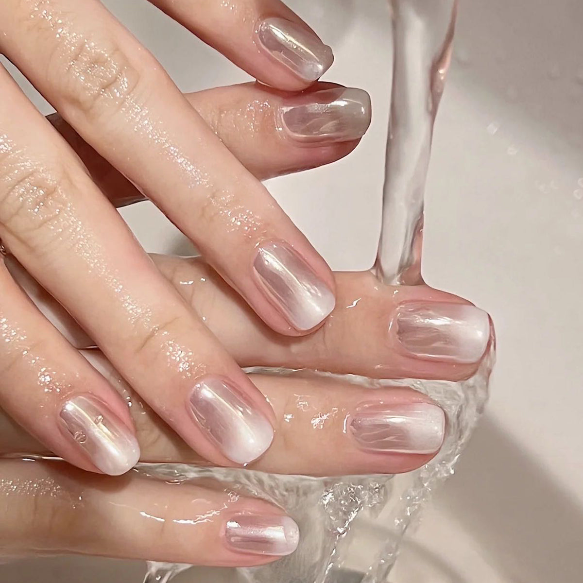 Elegant Watercolor Fantasy Medium Square beige Pink Press On Nails with Iridescent Sheen Finish