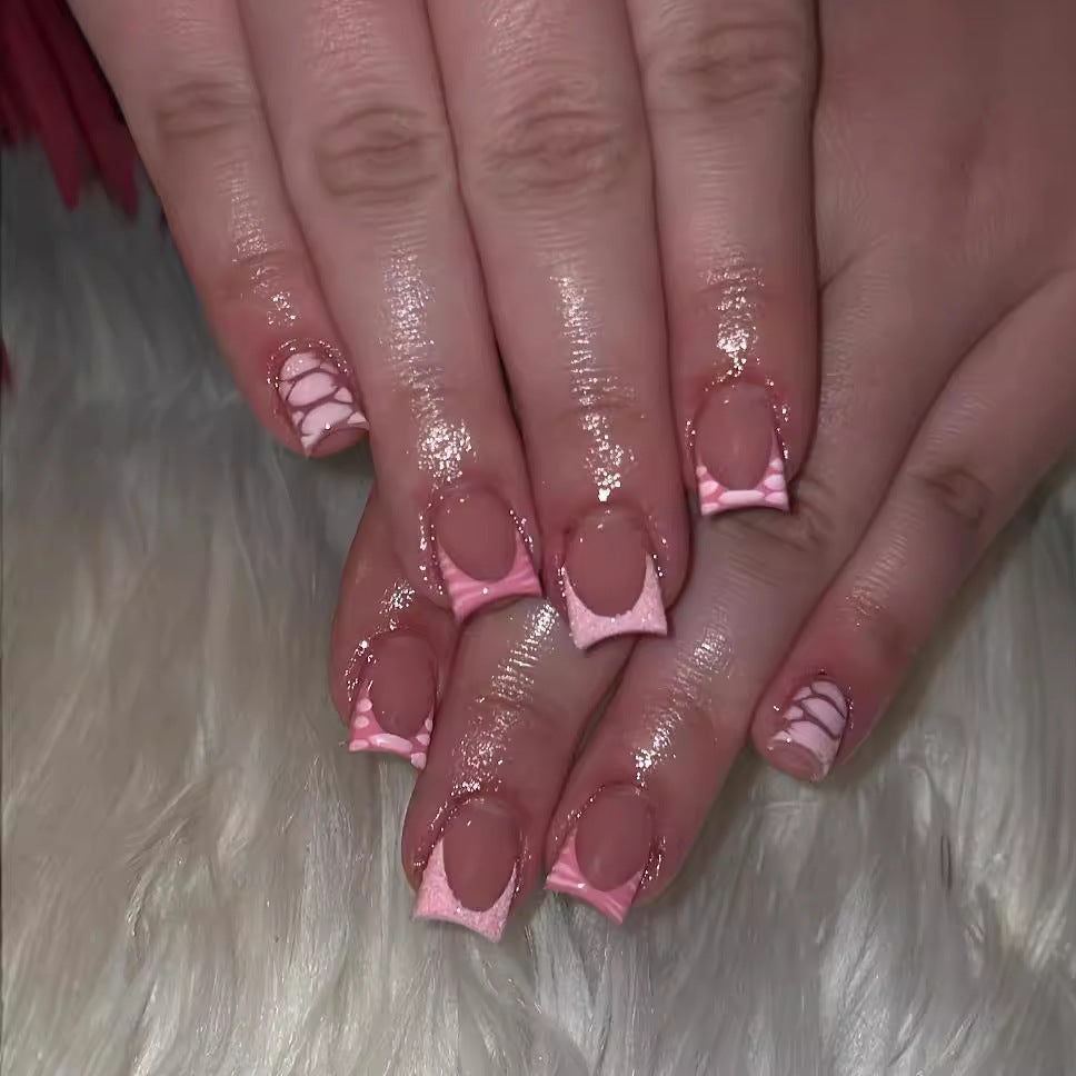 Dreamy Mermaid Inspired Medium Square Pink Glossy Press On Nail Set with Unique Bow Accent and Artistic Swirl Design