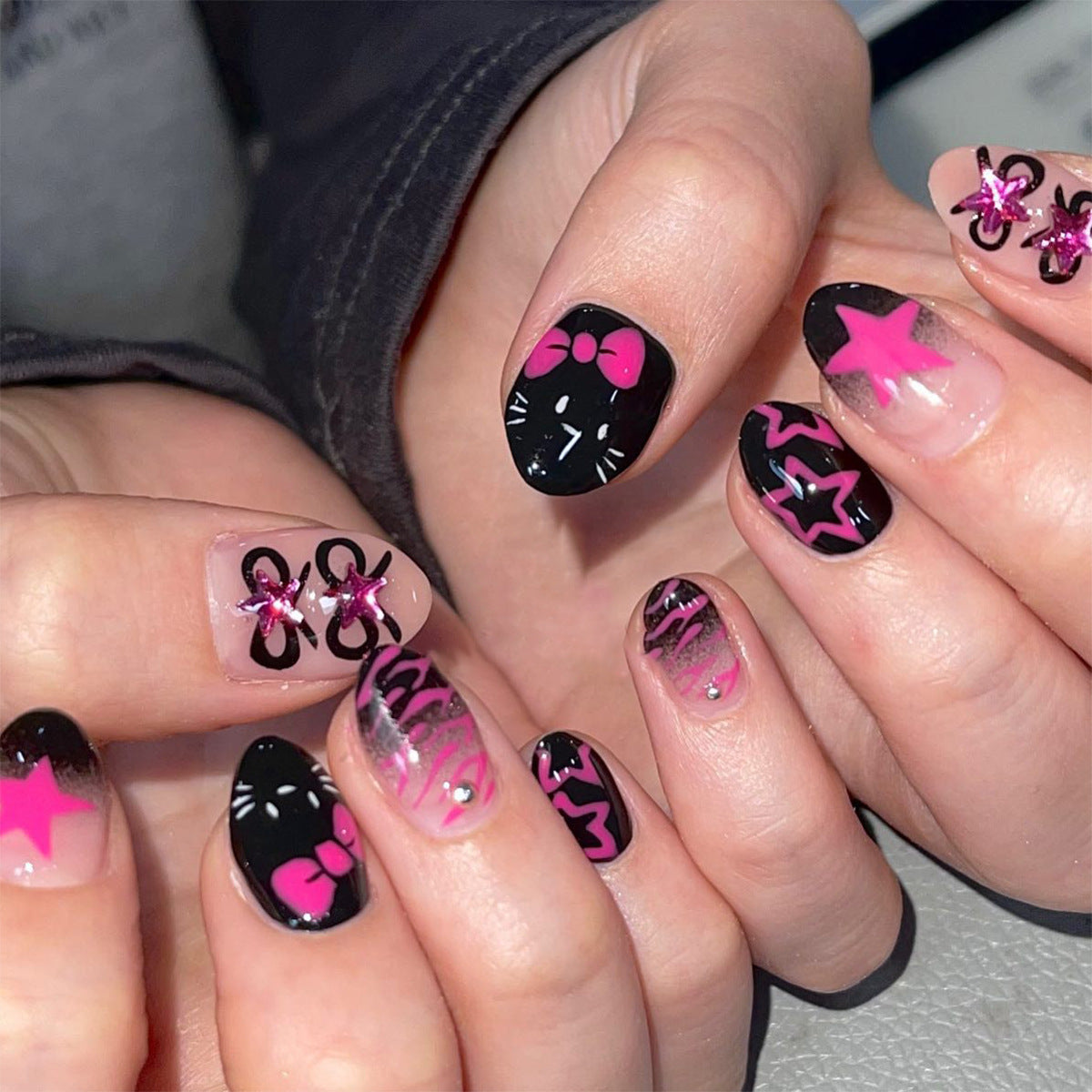 Cute Kitty Vibes Medium Almond Black and Pink Press On Nail Set with Glittery Star Accents