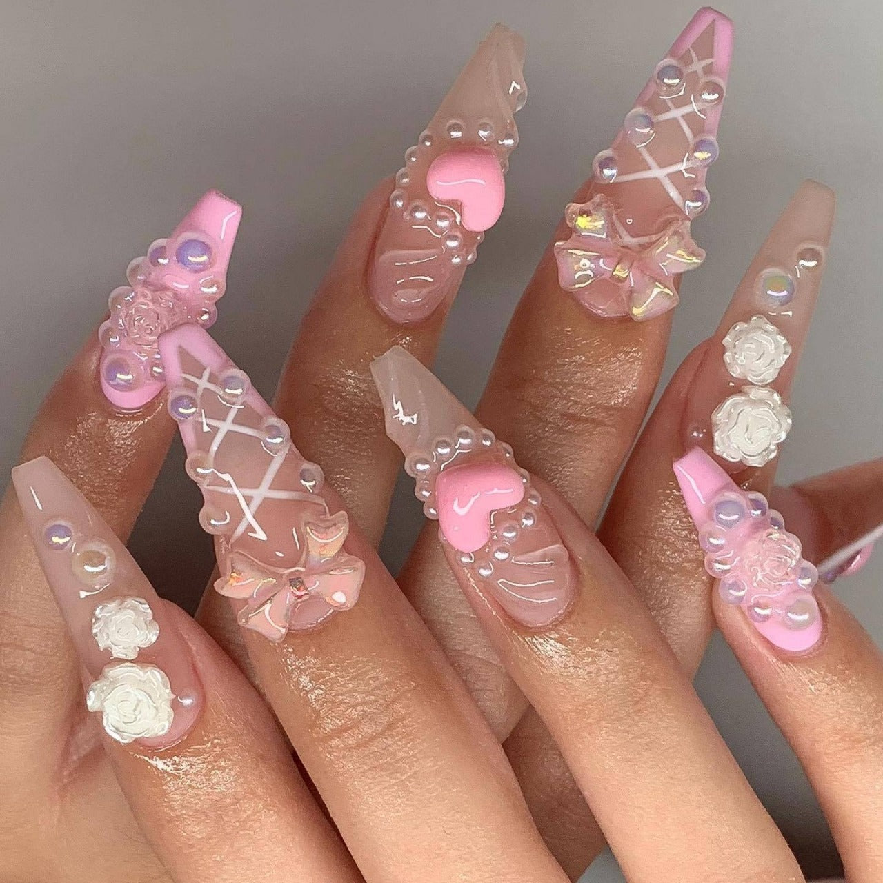 Sweetheart Glamour Long Coffin Pink Transparent Nails with 3D Floral and Heart Accents