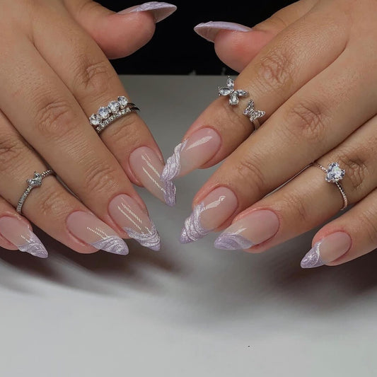 Fairy Dreams Elegant Almond Press On Nail Set Long Purple French Tip with Glitter Swirl Design