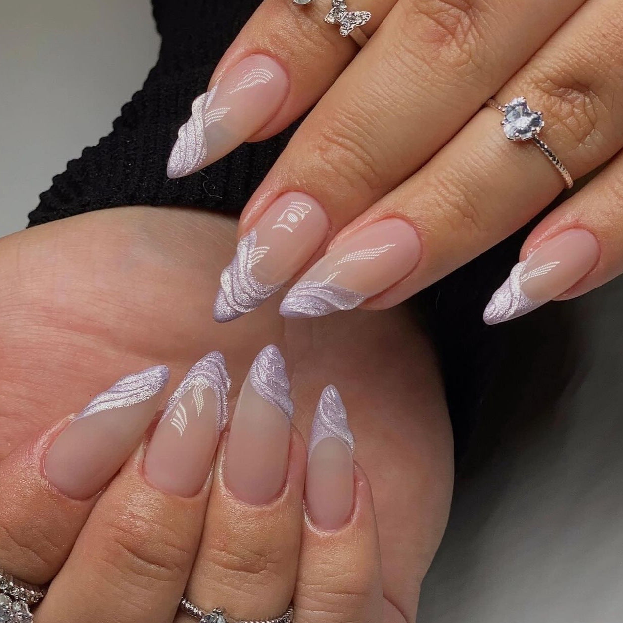 Elegant Lavender Dream Press On Long Nails Almond Shape Sheer Pink Base with Intricate White Design