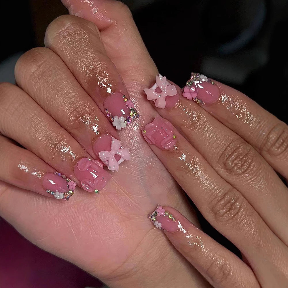 Charming Floral Delight Short Square Pink Press On Nail Set with Adorable Bow and Flower Accents