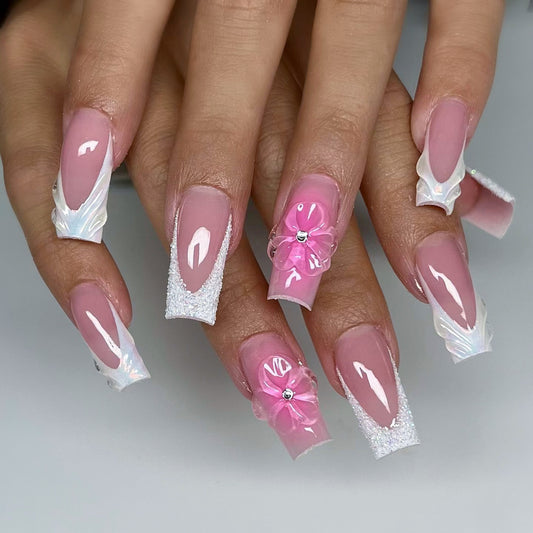 Whimsical Blossom Square Long Press-On Nail Set in Elegant Pink with Floral Embellishments and Shimmering Accents