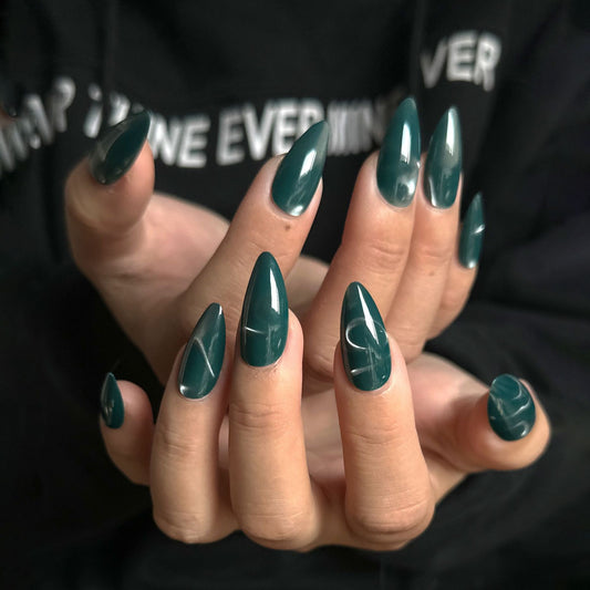 Mystical Forest Short Almond Emerald Green Press-On Nail Set with Unique Swirled Marble Design